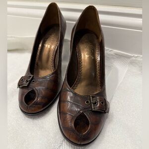 Franco Sarto Brown Crocodile Leather Peep-Toe Heels